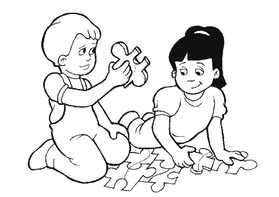 Tranh tô màu cho bé với hai em nhỏ đang cùng nhau ghép các mảnh ghép hình
