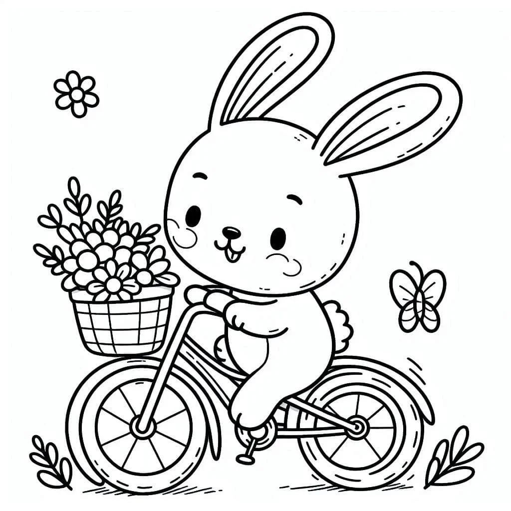 Tranh tô màu cho bé với chú thỏ đi xe đạp chở giỏ hoa
