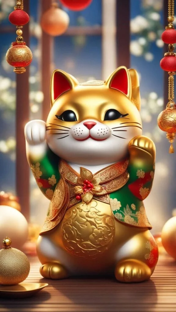 Hình nền mèo thần tài vàng rực mang tài lộc.