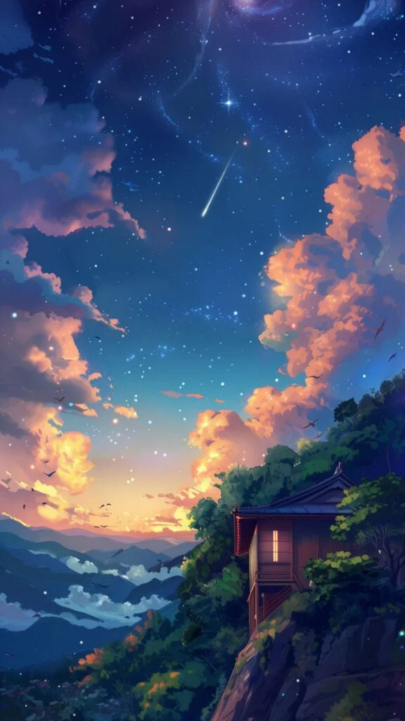 Hình nền đêm sao mơ mộng với cabin trên núi.