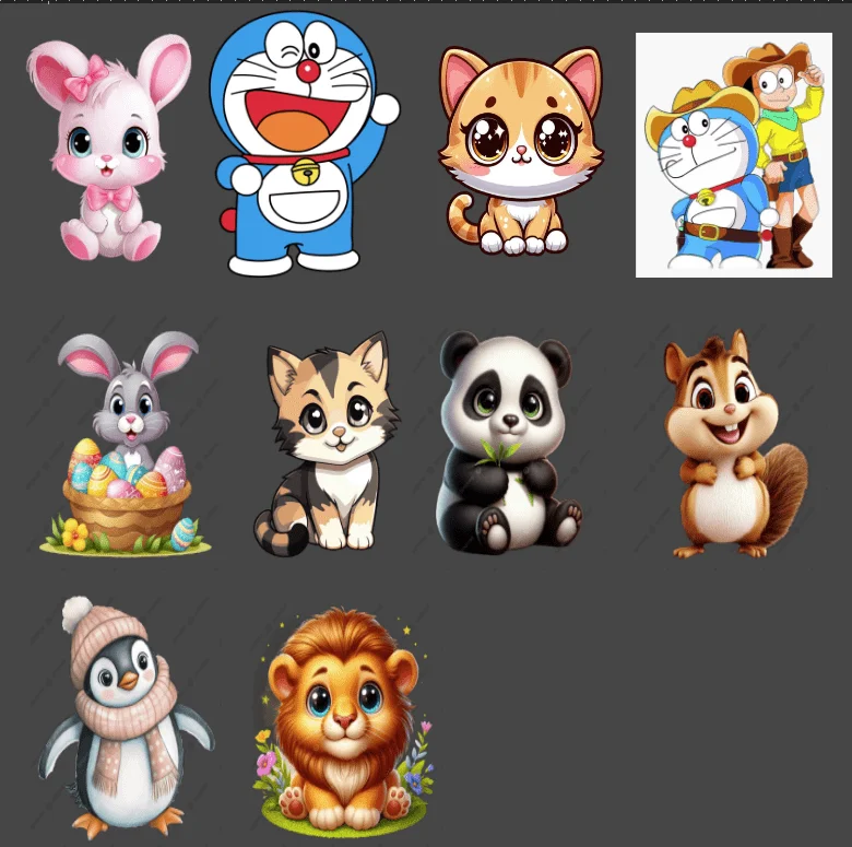 Bộ sưu tập nhân vật chibi dễ thương gồm thỏ, mèo, gấu trúc, sư tử và các nhân vật hoạt hình
