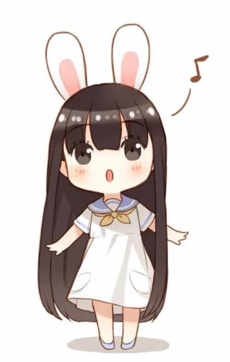 Cô gái chibi tai thỏ mặc váy trắng bên nốt nhạc
