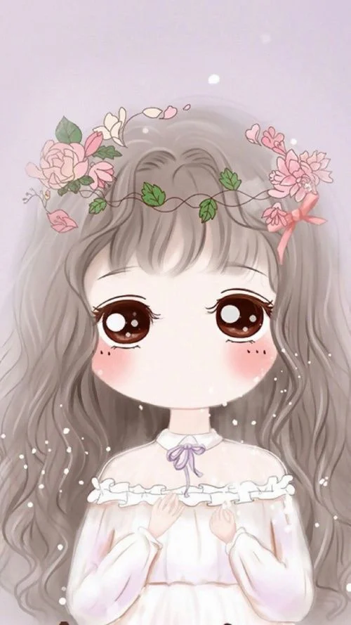 Hình cô bé chibi dễ thương với đôi mắt to, váy trắng và vòng hoa trên tóc